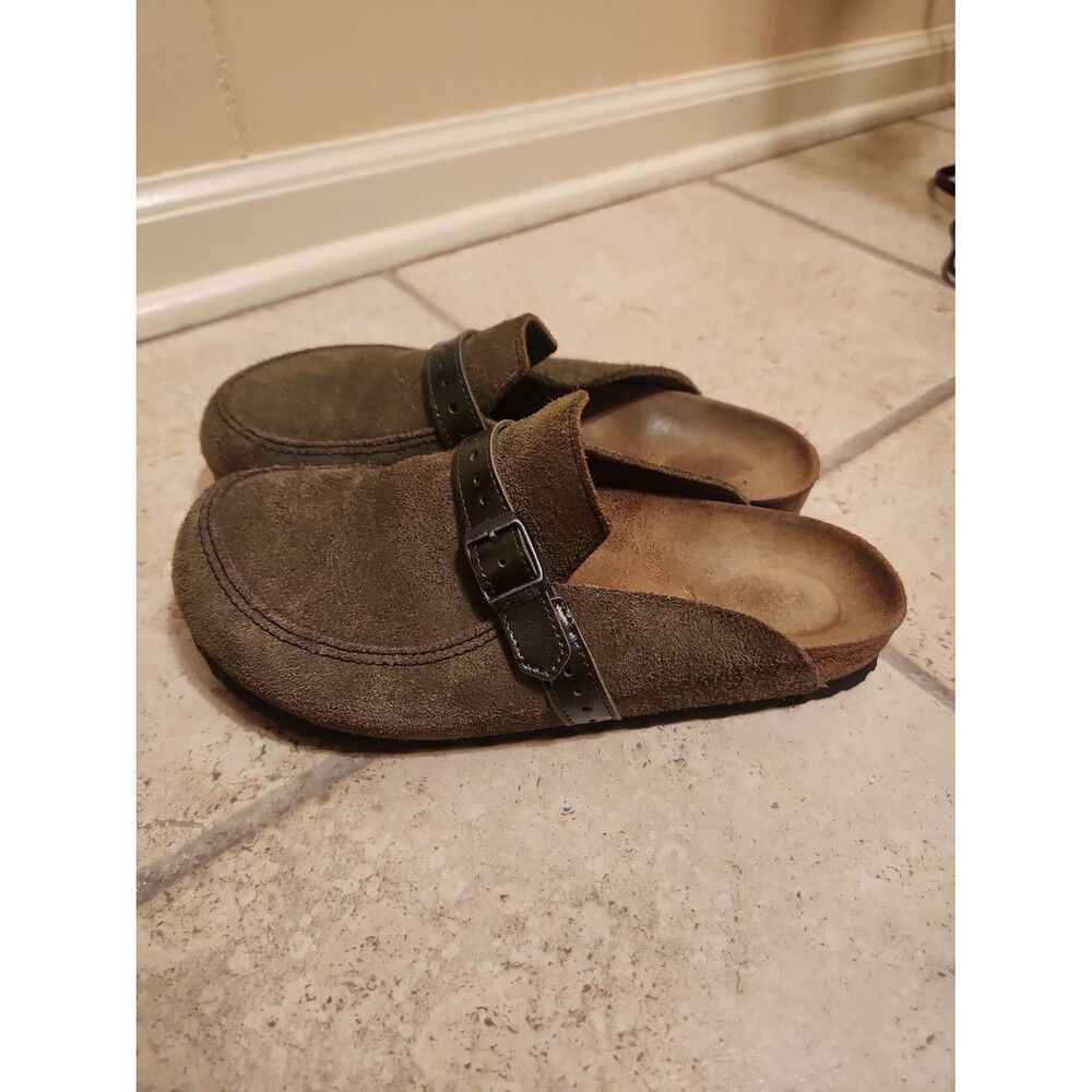 Birkenstock Olive Green Suede Clogs with Buckle